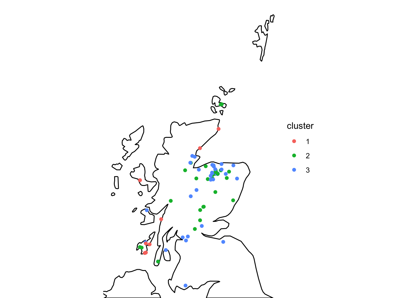A map of Scotland with the distillery locations overlayed categorised by the distillery cluster.